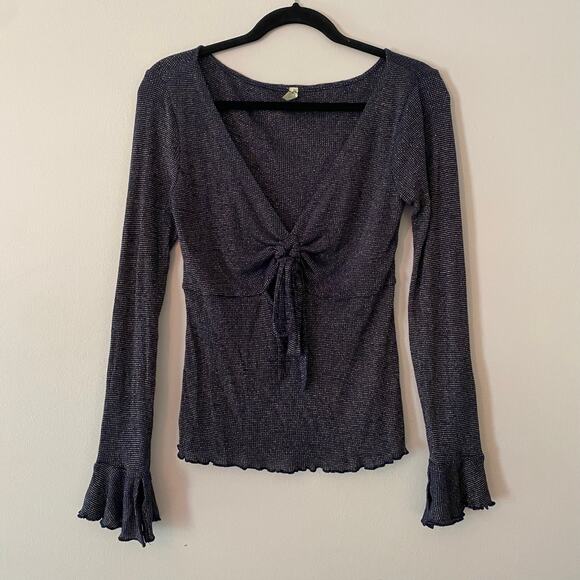 Free People Intimately Navy Blue Metallic Shimmer Long Sleeve V-neck Tie Medium - Picture 2 of 9